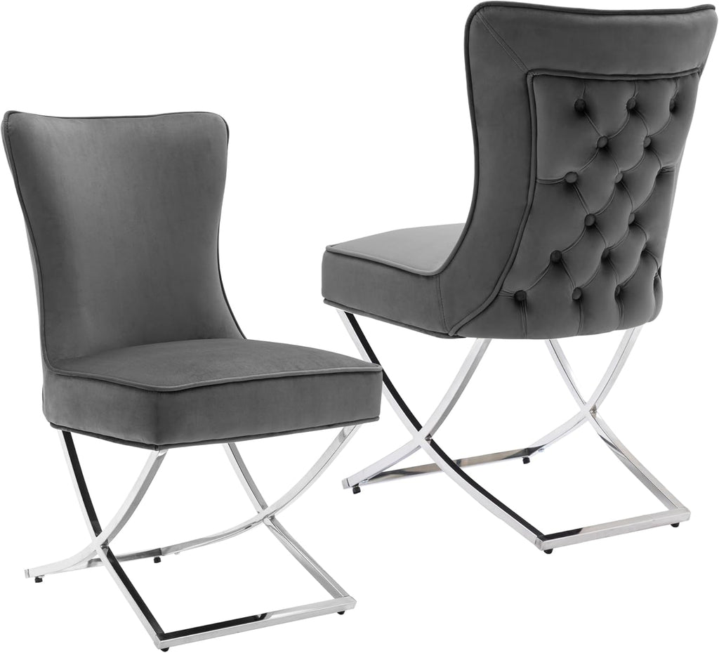 LOULENS Elegance Velvet Dining Chairs Set of 2, Luxurious Upholstered Tufted Dining Room Chairs, Glam Royal Velvet Accent Chairs with Stainless Steel Legs, Dark Gray