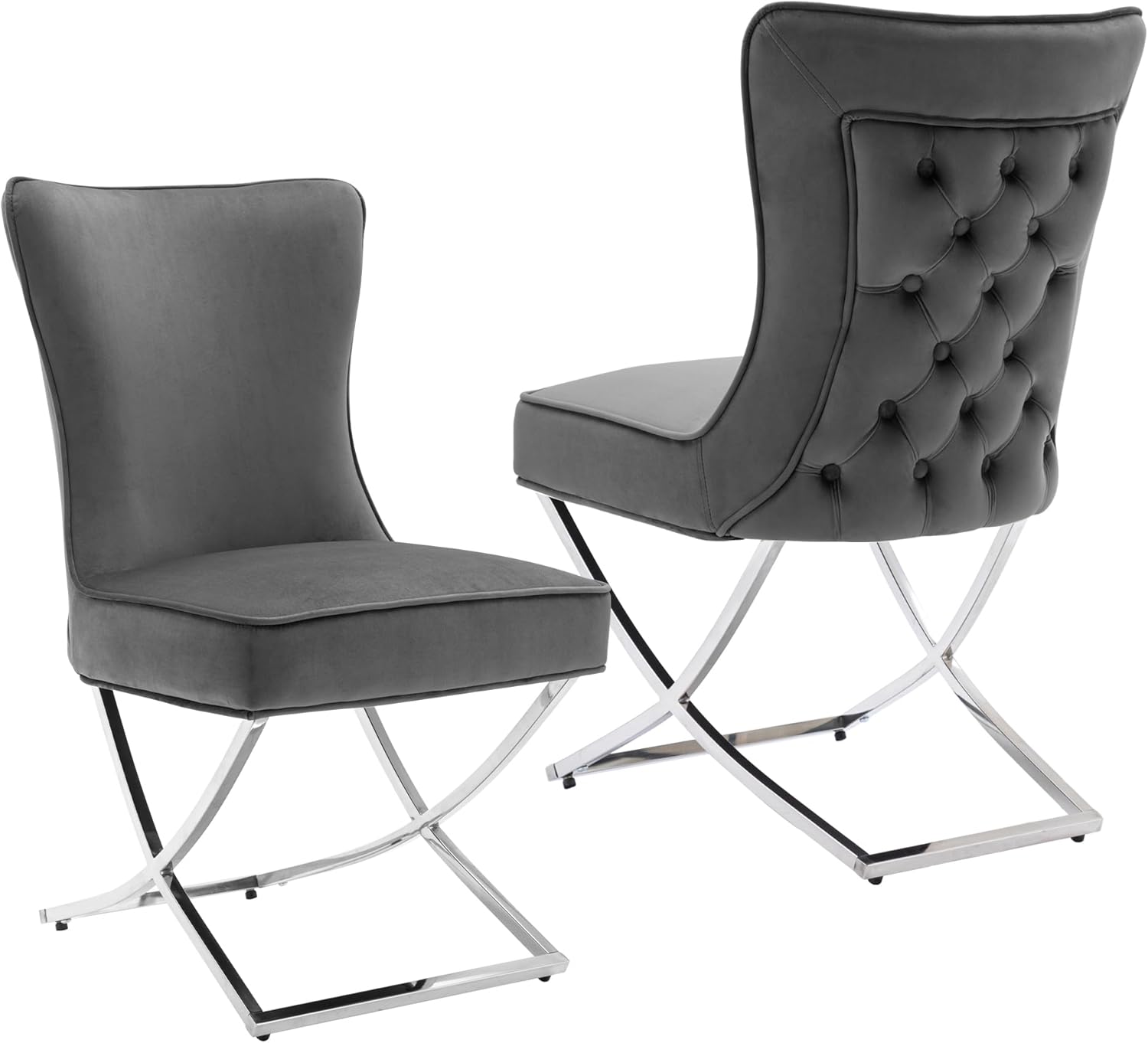LOULENS Elegance Velvet Dining Chairs Set of 2, Luxurious Upholstered Tufted Dining Room Chairs, Glam Royal Velvet Accent Chairs with Stainless Steel Legs, Dark Gray
