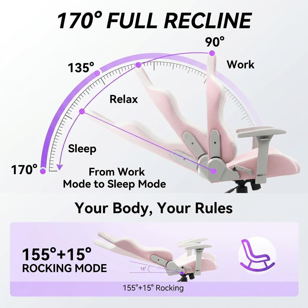 Gaming Chair 4D Adjustable Armrests - 170° Reclining & 320lb Capacity, High Back Ergonomic Computer Chair with Lumbar Support, Fabric Office Chair for Adults Pink