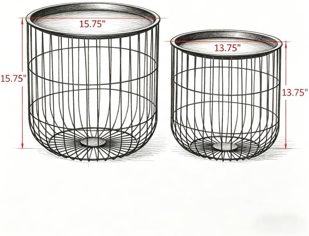 Metal Wire Basket Side Tables, Black, Set of 2, Nesting Design with Storage, Powder-Coated Steel, No Assembly Required