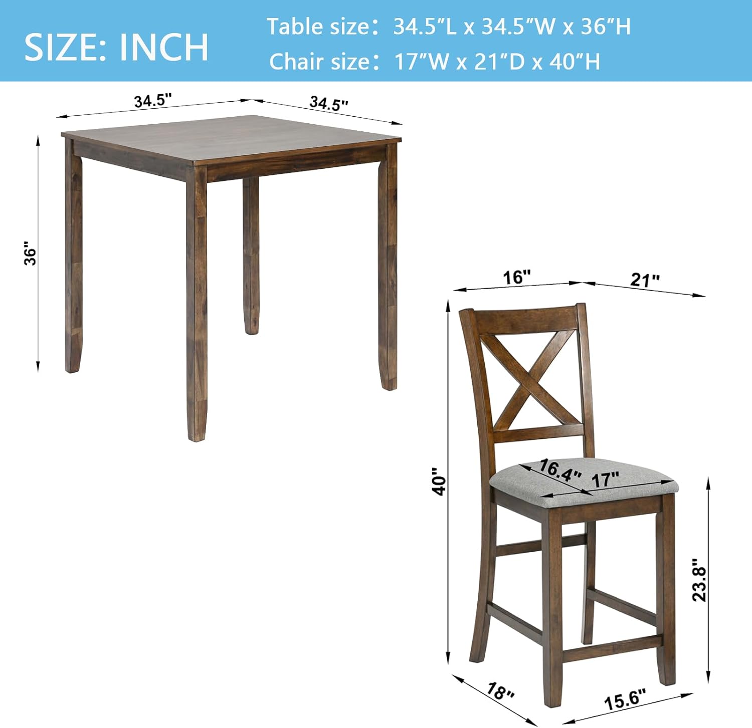 Merax Farmhouse Dining Table Set for 4, Counter Height Kitchen Table Set with Square Table and 4 Upholstered Chairs for Kitchen, Dining Room, Small Space, Walmut