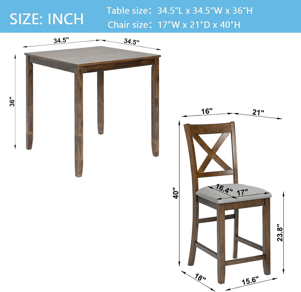 Merax Farmhouse Dining Table Set for 4, Counter Height Kitchen Table Set with Square Table and 4 Upholstered Chairs for Kitchen, Dining Room, Small Space, Walmut