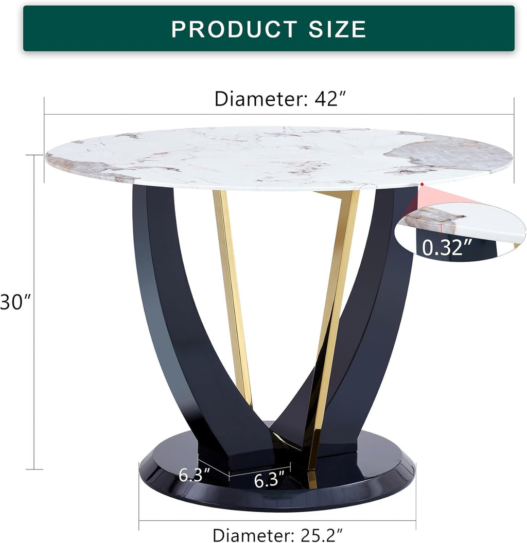 42" Round Dining Table for 4-6, Modern Faux Marble Kitchen Tabletop with Black Wood Pedestal and Gold Metal Frame, Circle Dinner Table for Dining Room
