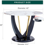 42" Round Dining Table for 4-6, Modern Faux Marble Kitchen Tabletop with Black Wood Pedestal and Gold Metal Frame, Circle Dinner Table for Dining Room