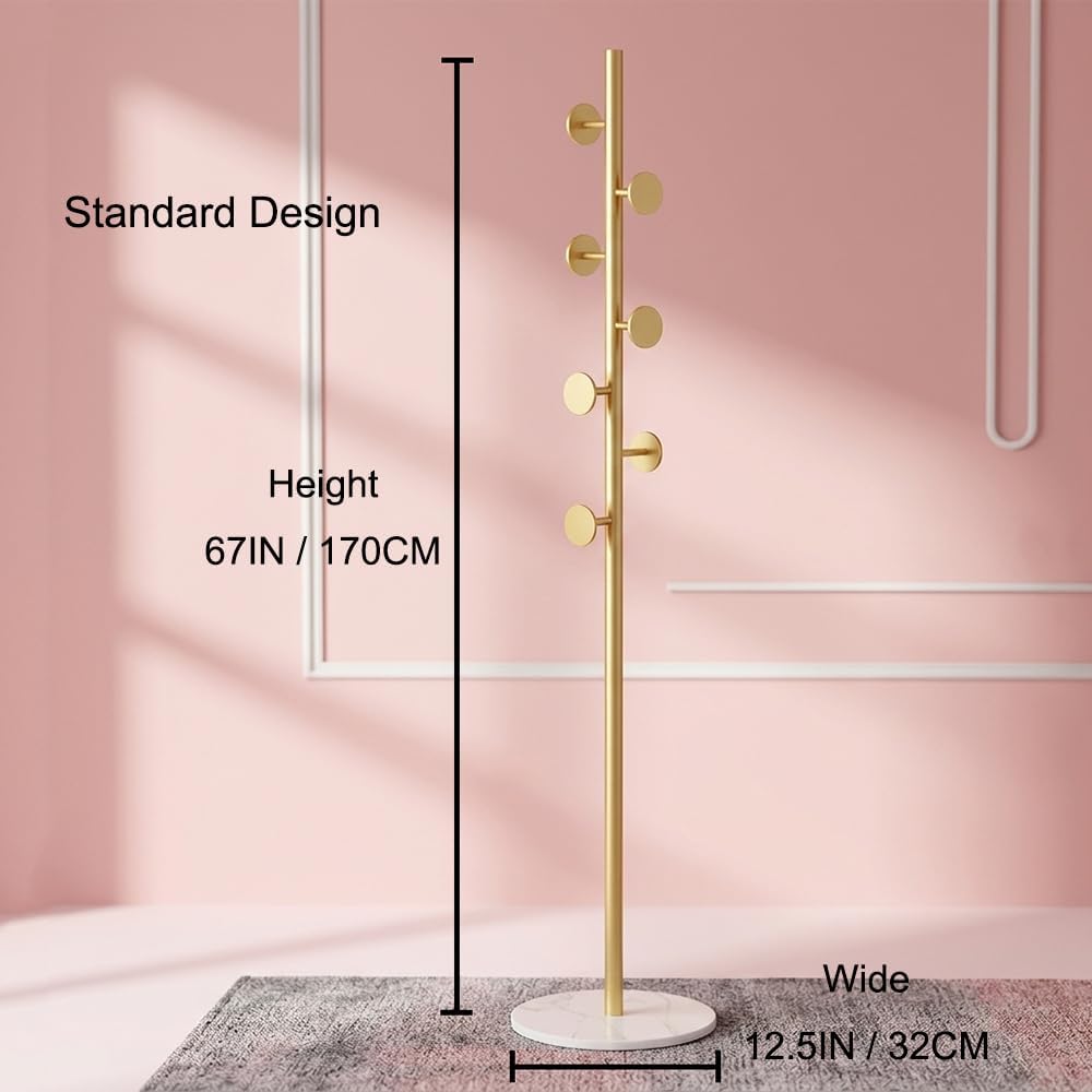 Coat Rack Freestanding Gold Clothes Rack with Marble Base & 7 Staggered Round Hooks, Heavy Duty Stable Coat Hanger Garment Stand for Entryway Bedroom, Hall Tree Racks for Clothing Hats Bags Purses
