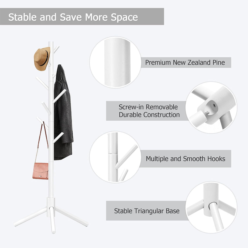 8-Hook Freestanding Coat Rack 3 Adjustable Heights White 2PCS | Easy Tool-Free Setup,Ideal for Entryway Bedroom Hallway Office,Holds Clothes Hats Handbags,Space-Saving Vertical Design