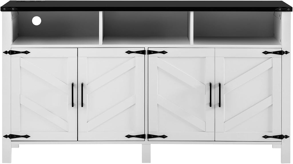 59'' Modern 4-Door Sideboard Buffet with Power Outlets & USB Ports,Adjustable Shelves and Half-Open Storage Cabinet,Metal Accents & Aluminum Handles for Living Room,Dining Room,Entryway (White+Black)