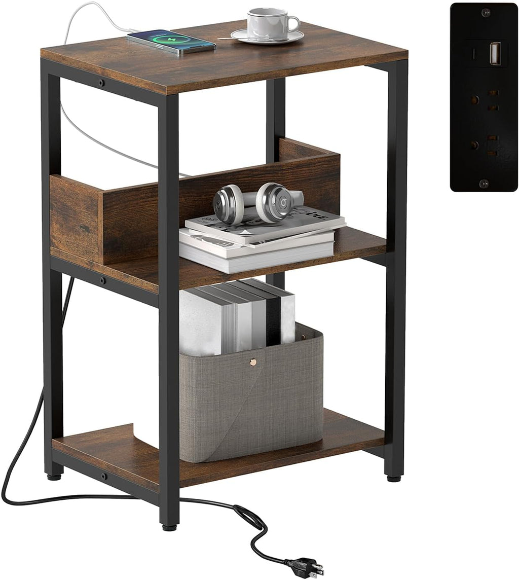 Giantex Side Table with Charging Station - Industrial 3-Tier Bedside Table w/Open Storage Shelves, Sofa End Tables Night Stands for Small Spaces Living Room Bedroom Home Office, Rustic Brown (1)