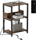 Giantex Side Table with Charging Station - Industrial 3-Tier Bedside Table w/Open Storage Shelves, Sofa End Tables Night Stands for Small Spaces Living Room Bedroom Home Office, Rustic Brown (1)