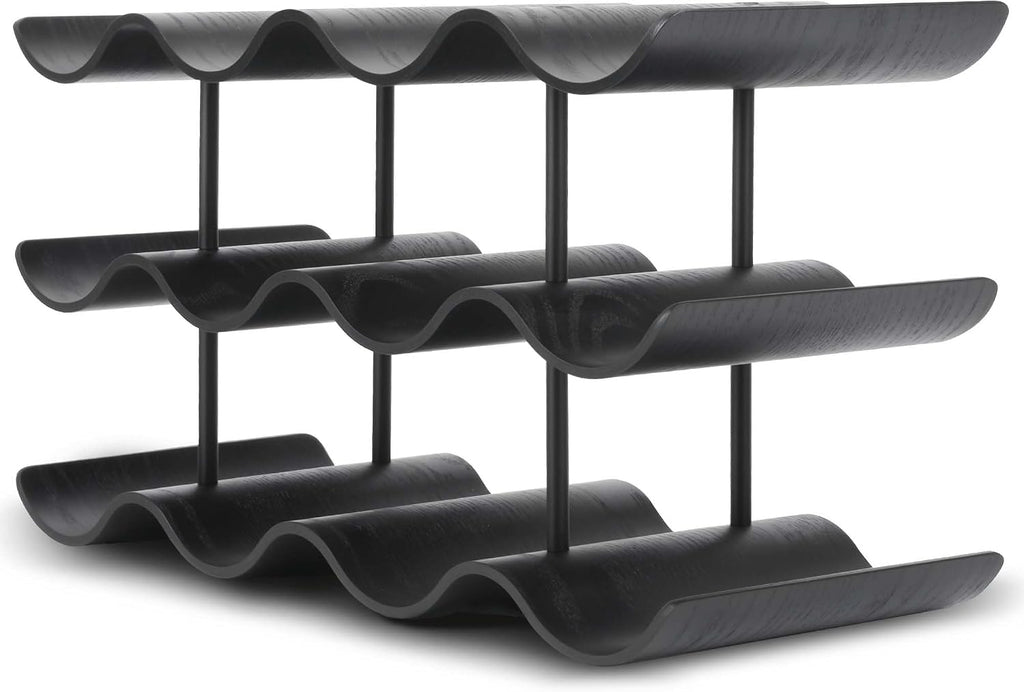 Countertop Wine Rack - 12 Bottle Freestanding Wine Bottle Holder Stand - 3 Tier Wooden Wine Storage Rack - Black Wavy Wine Organizer for Cabinet Pantry Home Kitchen Bar