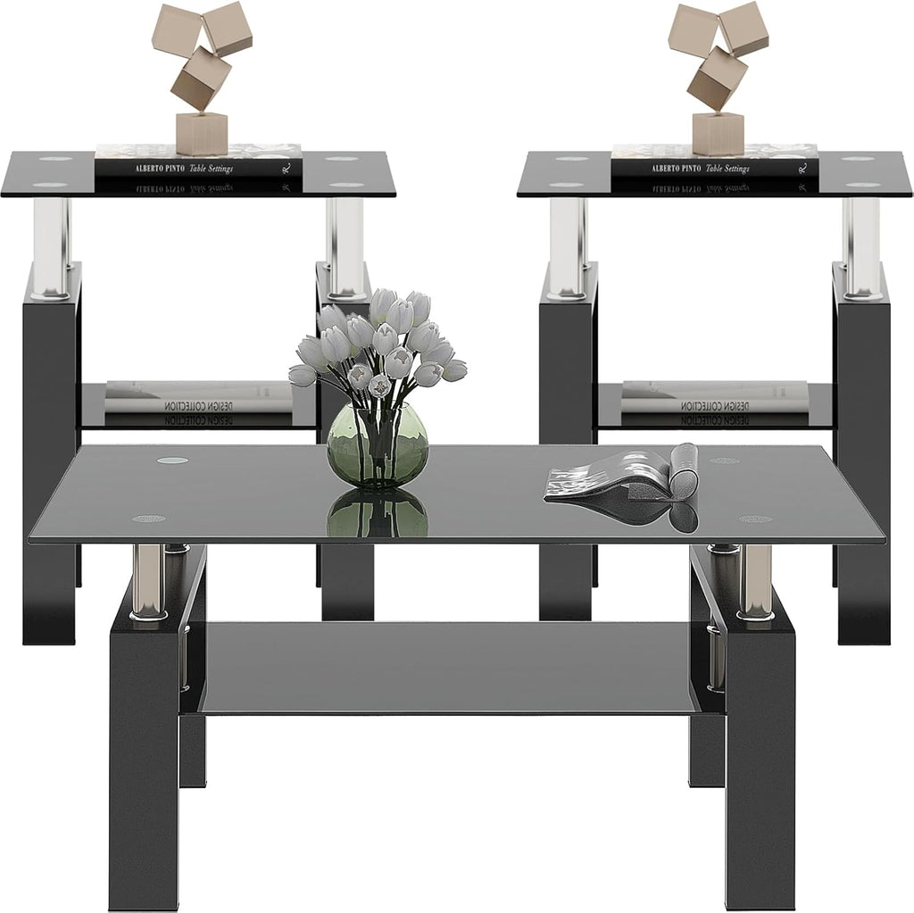 Black Glass Coffee Table Set of 3 Piece, Living Room Tables Set of 3 Pcs, Including 1 Coffee Table and 2 End Side Tables, Metal Frame, Tempered Glass, for Small Space and Home office, Apartment