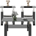 Black Glass Coffee Table Set of 3 Piece, Living Room Tables Set of 3 Pcs, Including 1 Coffee Table and 2 End Side Tables, Metal Frame, Tempered Glass, for Small Space and Home office, Apartment