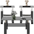 Black Glass Coffee Table Set of 3 Piece, Living Room Tables Set of 3 Pcs, Including 1 Coffee Table and 2 End Side Tables, Metal Frame, Tempered Glass, for Small Space and Home office, Apartment