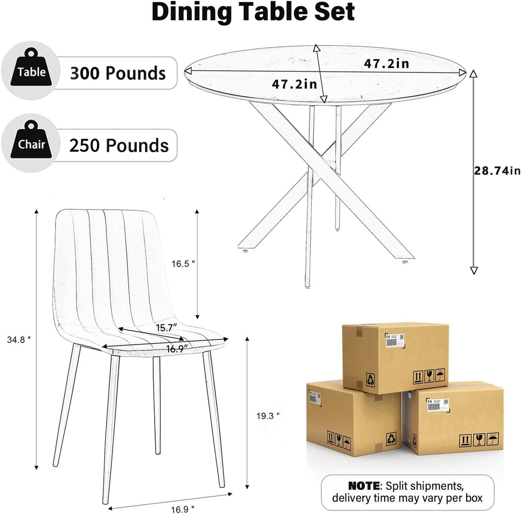RGZ White Round Dining Table Set for 6, 7 PCS Modern Wooden Circle Kitchen Table with Steel Legs & 6 Beige Velvet Upholstered Chairs, Dinner Table for Dining Room, Living Room, Kitchen