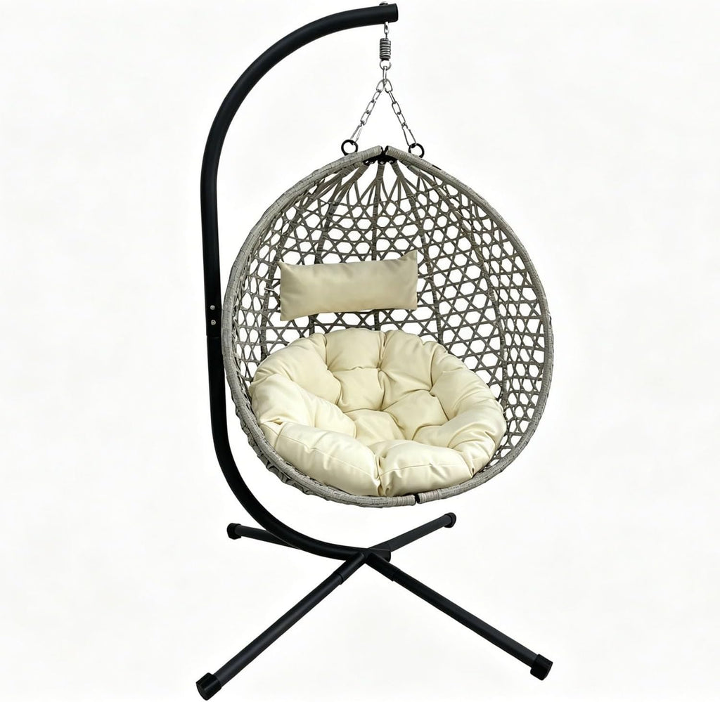 Folding PE Rattan Hanging Egg Chair with Stand, Indoor Outdoor Hammock Swing Basket Chair, Aluminum Steel Frame, 350LBS Capacity for Patio Balcony Backyard Bedroom(Beige+Grey)