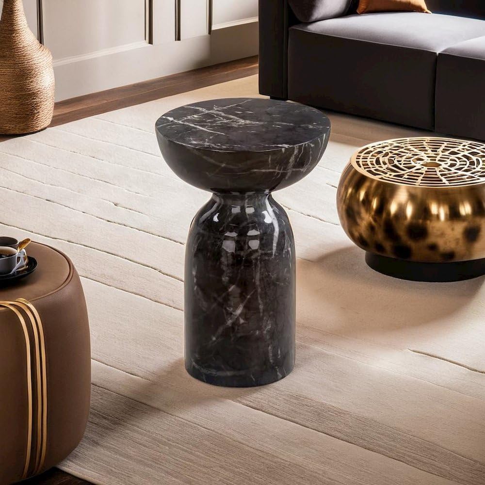 Furnifact Black Marble Side Table in Concrete, Handmade by Artisans for a Stylish Addition to Any Living Room, Ships Fully Assembled