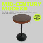 Pearington Adjustable Height Round Bar Table, Mid-Century Modern Pub Table with Hidden Storage Compartment, Synthetic Leather Top with Stitching, 32.7 to 41.3 Inch, Ash Brown and Caramel Brown