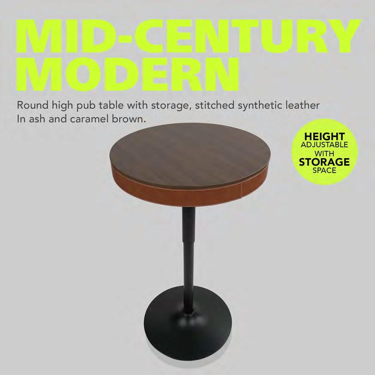 Pearington Adjustable Height Round Bar Table, Mid-Century Modern Pub Table with Hidden Storage Compartment, Synthetic Leather Top with Stitching, 32.7 to 41.3 Inch, Ash Brown and Caramel Brown