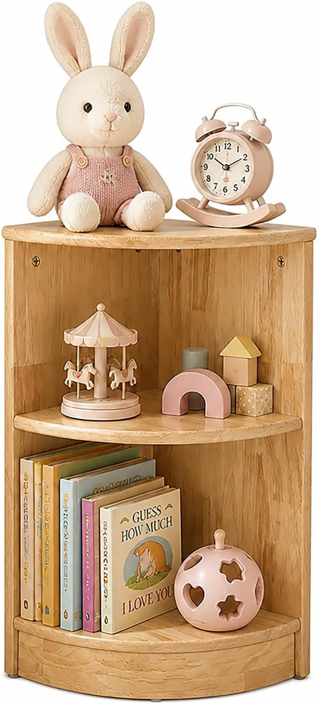 Rubber Wood Corner Cabinet, 2-Tier Kids Montessori Shelf, Toy Organizers and Storage Book Shelf for Playroom, Nursery, Kids Room, Kindergarten