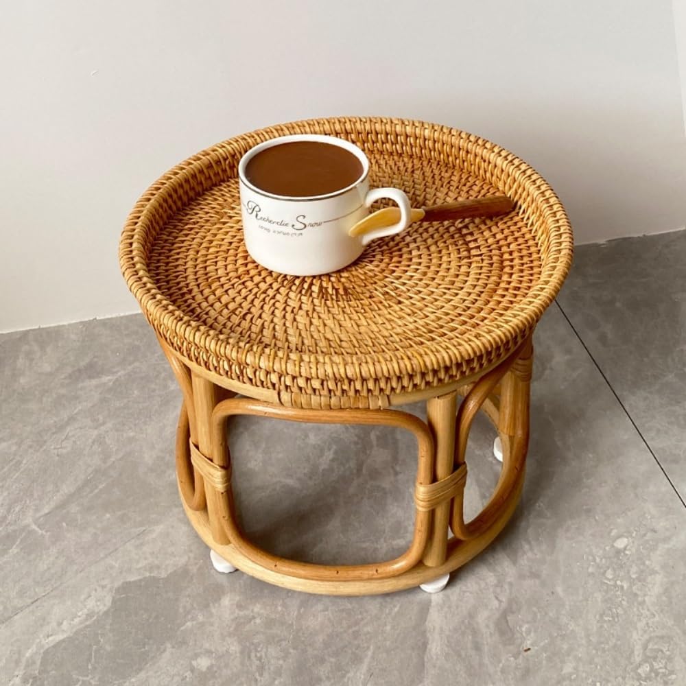 Bohemian Rattan Side Table, Round Wicker Accent Table, Small Bamboo End Table for Living Room, Balcony, or Bedroom Décor(Large)
