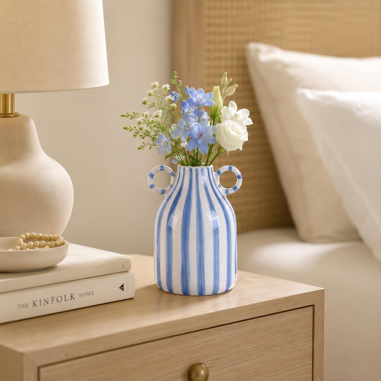 Blue and White Ceramic Vase with Handle, Nordic Boho Small Vases Side Table Flower Centerpiece, Wide Mouth Single Flower Vase Pampas Grass Decorative - for Home Window Sill Living Dining Room Kitchen