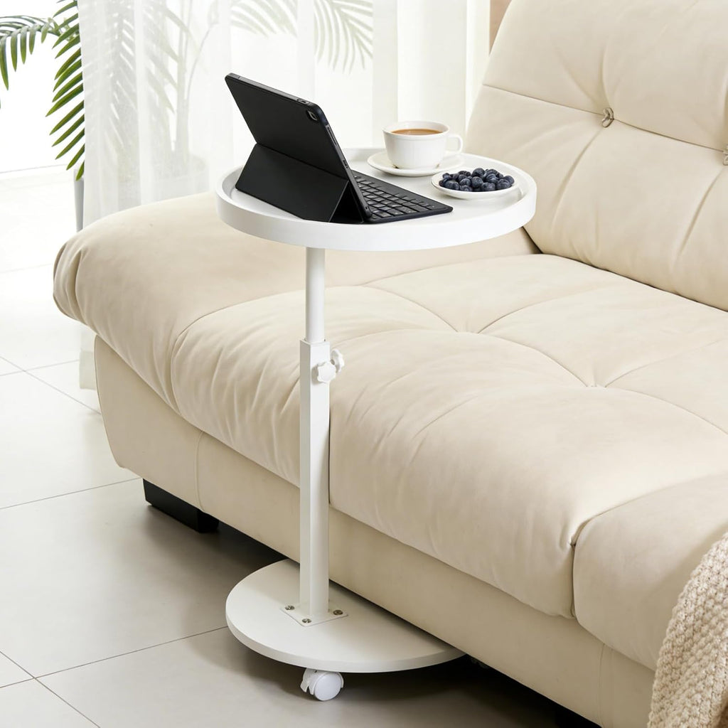 YYW C Shaped End Table Adjustable Height, 360°Swivel TV Tray Table for Small Spaces White