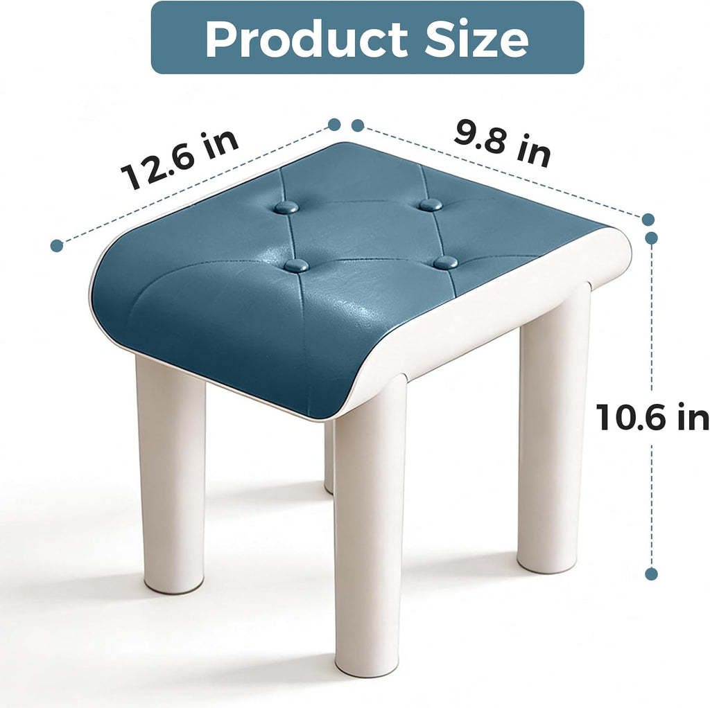 Faux Leather Foot Stool with Legs, Small Footstool Ottoman, Waterproof and Anti-Slip, Load up to 220 lb, for Bathroom, Living Room, Entryway, and Dorm, Blue,12.6x9.8x10.6in