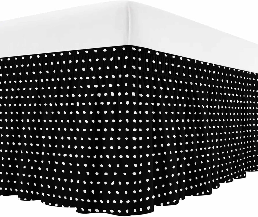 Black Bed Skirt Cal King Size 18 Inch Drop, Adjustable & Elastic Wrap Around Bed Skirts Pleated Luxury Dust Ruffles For Twin Full Queen Cal King Base Bed, Abstract White Polka Dot Geometric Modern Art