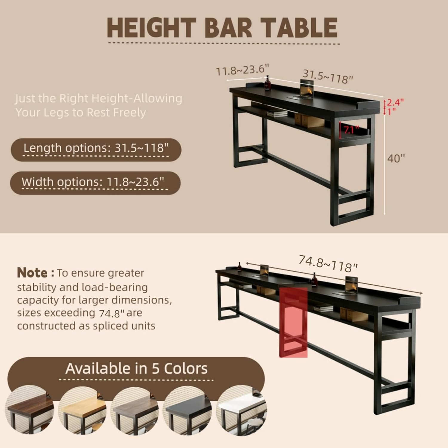 41 Inch Narrow Bar Table with Solid Wood Top - Tall Counter Height Dining Bar Table on Metal Frame, Saving Pub Table for Kitchen,Living Room,Behind Couch or Coffee Shop(Chair Not Included)