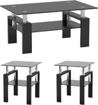 IANIYA 3 Piece Living Room Table Set, Modern Tempered Glass Coffee Table Set, Glass Coffee Table Black Metal Frame End Table for Living Room Apartment Small Space