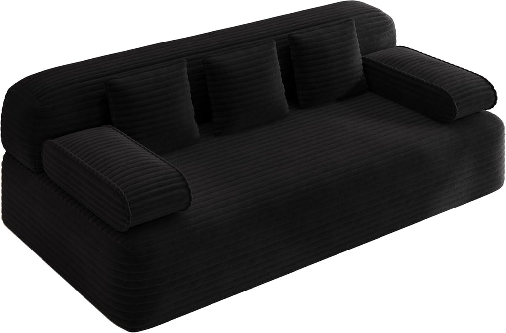 78.7'' Boneless Couches Queen, Corduroy Futon Sofa Bed, Modern Floor Couch, Cloud Convertible Sleeper Sofa Daybed, Comfy Loveseat, 3 Pillows, for Small Spaces, Living Room, Apartment, Black