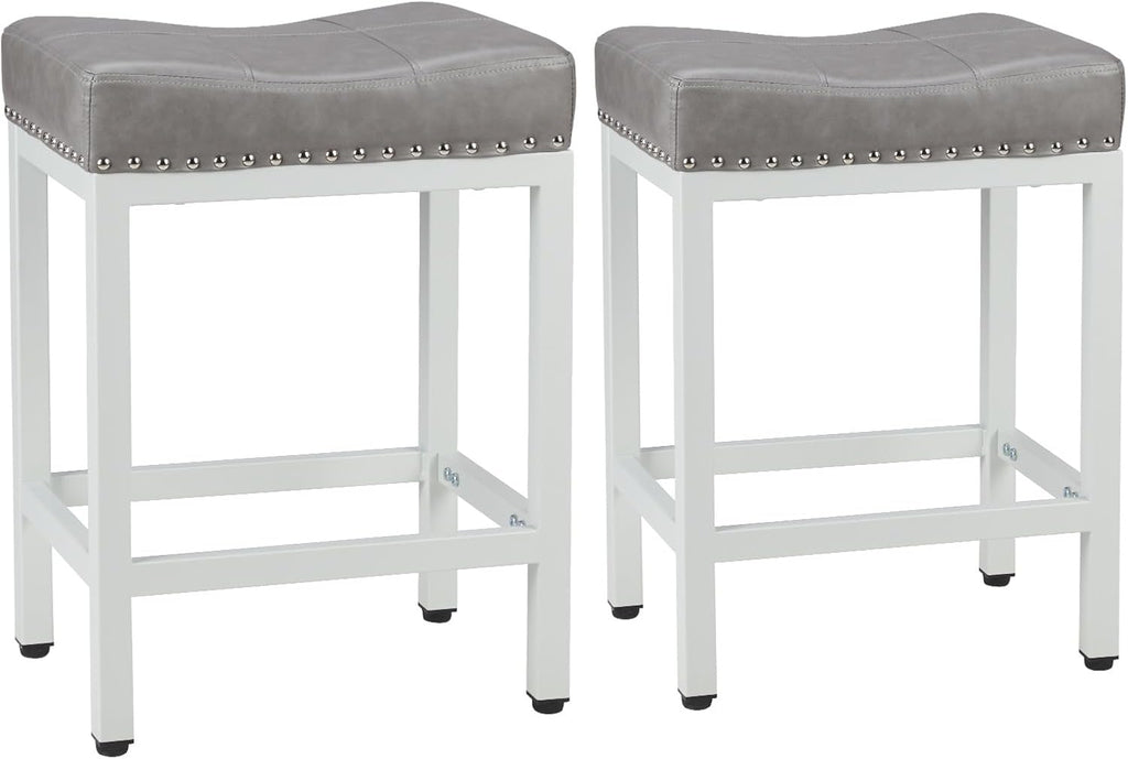 Sweetcrispy 24 Inch Bar Stools Set of 2, PU Leather Counter Height Stools | Upholstered Modern Saddle Barstools with Metal Base and Footrest for Home Bar, Small Apartment, Grey