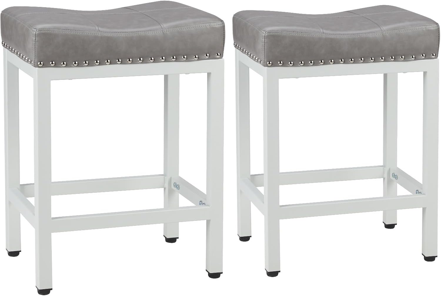 Sweetcrispy 24 Inch Bar Stools Set of 2, PU Leather Counter Height Stools | Upholstered Modern Saddle Barstools with Metal Base and Footrest for Home Bar, Small Apartment, Grey