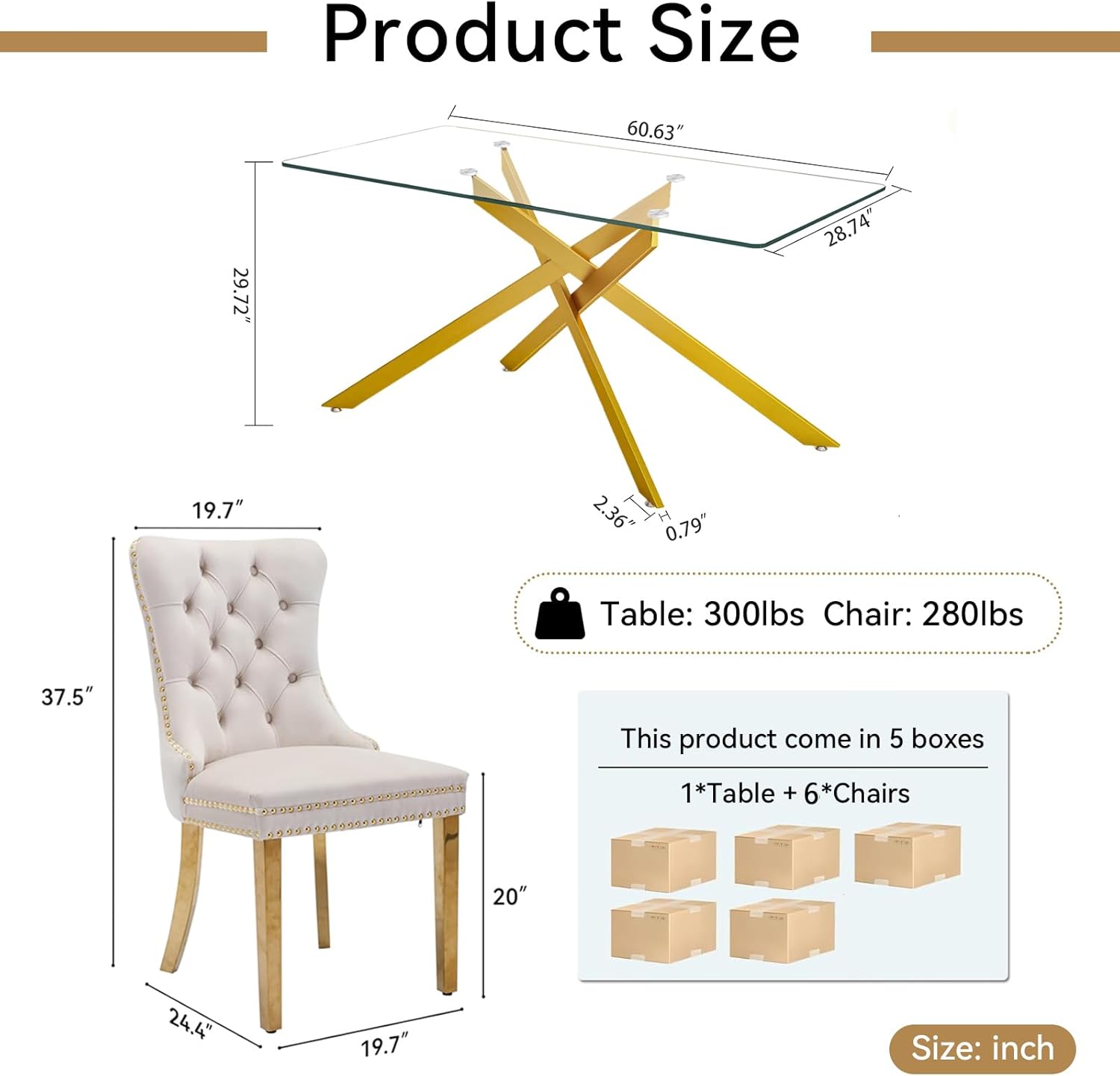 60" Modern Gold Glass Dining Room Table Set for 6, 7-Piece Rectangle Kitchen Dining Table Set with Cross Chrome Metal Legs & 6 Beige Velvet Upholstered Chairs, Kitchen Table and Chairs Set