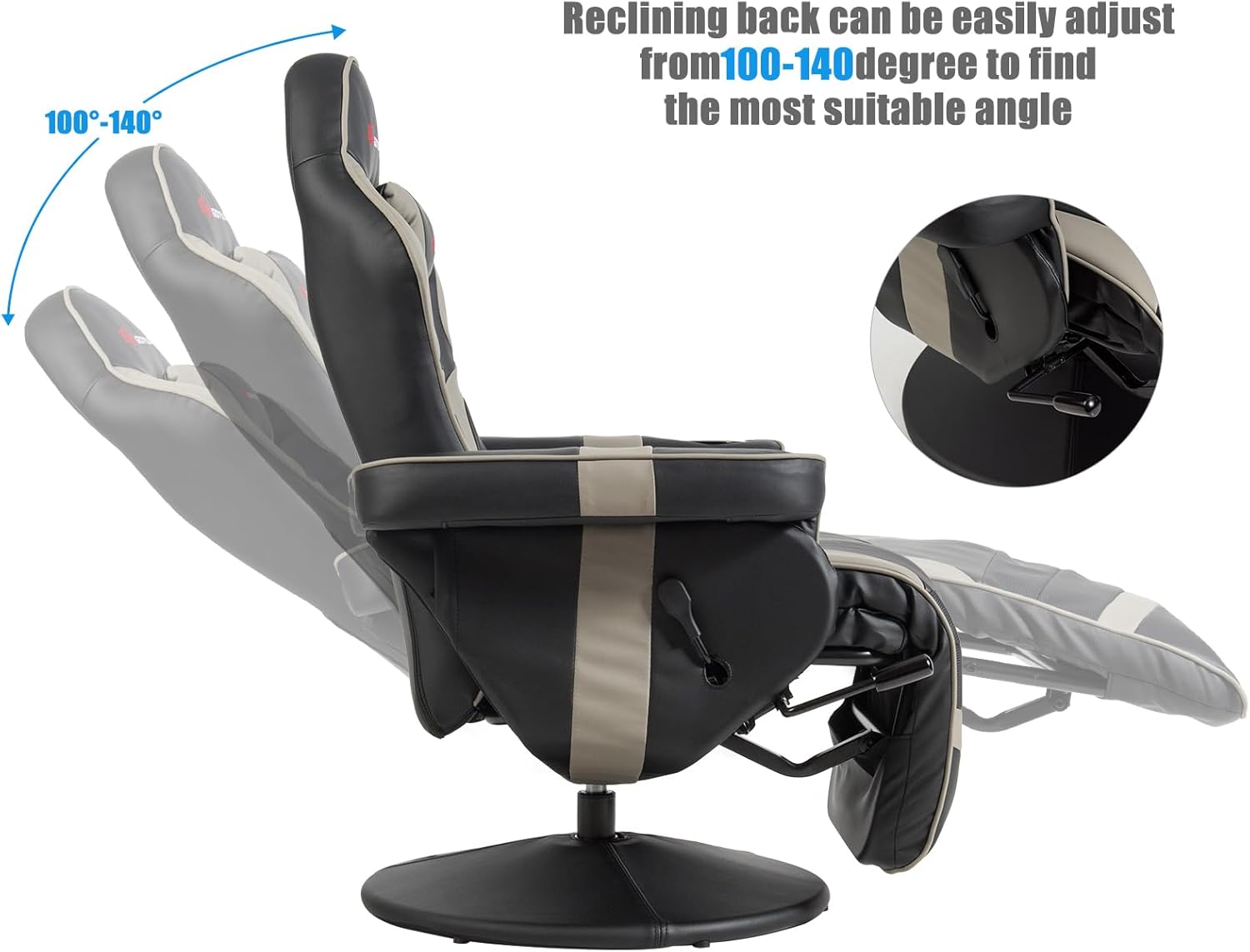POWERSTONE Gaming Recliner Massage Gaming Chair with Footrest Ergonomic PU Leather Single Sofa with Cup Holder Headrest and Side Pouch, Adjustable Living Room Chair Home Theater Seating (Grey)