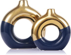Flower Vase for Home Decor - Gold and Navy Blue Ceramic Vase Set of 2, Donut Vase for Blue Decor, Modern Boho Decorative Vase, Round Hollow Pampas Grass Vase, Dining Table, Mantel & Centerpiece