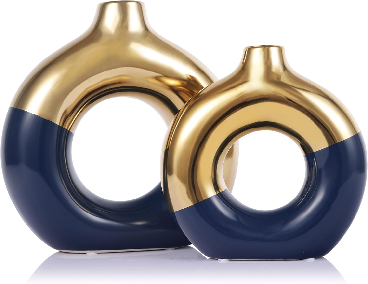 Flower Vase for Home Decor - Gold and Navy Blue Ceramic Vase Set of 2, Donut Vase for Blue Decor, Modern Boho Decorative Vase, Round Hollow Pampas Grass Vase, Dining Table, Mantel & Centerpiece