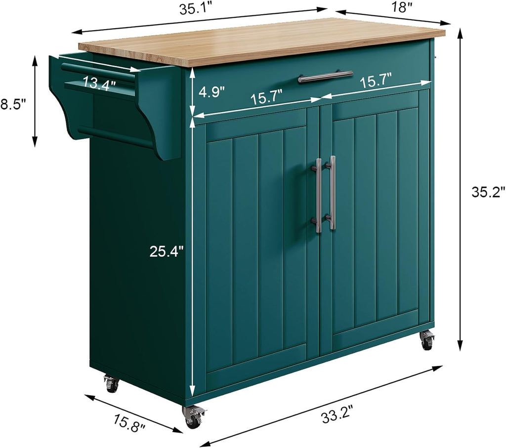 Kitchen Island with Storage, Wooden Countertop Rolling Kitchen Island On Wheels Storage Cabinet, Mobile Kitchen Island Cart with Towel Rack, Spice Rack and Drawers,Green