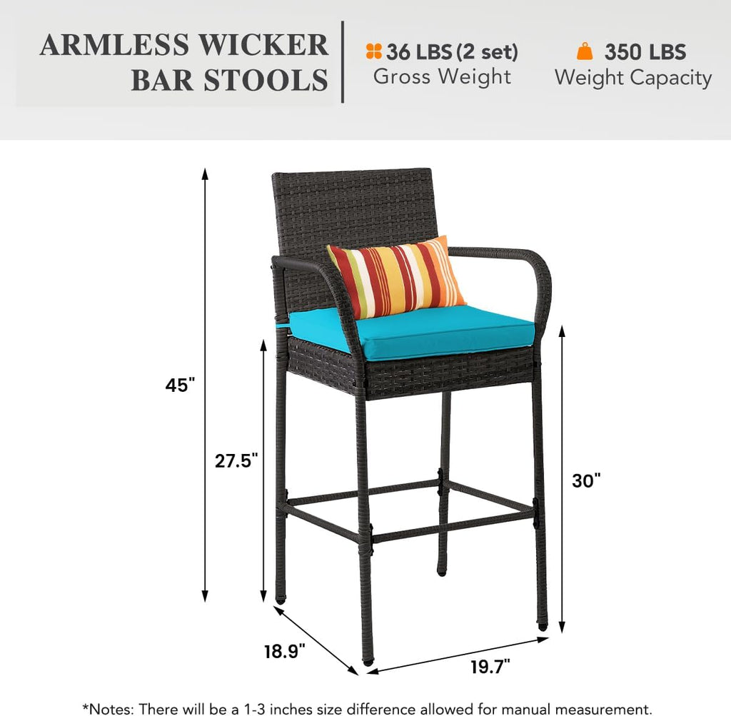 Sundale Outdoor Wicker Bar Stool Set of 6, Patio Counter Height Pub Chair with Arms, High Top Rattan Barstool, Cushion Beige, All-Weather Outdoor Rattan Furniture (Gray&Blue, Small Seat - 6 Stools)
