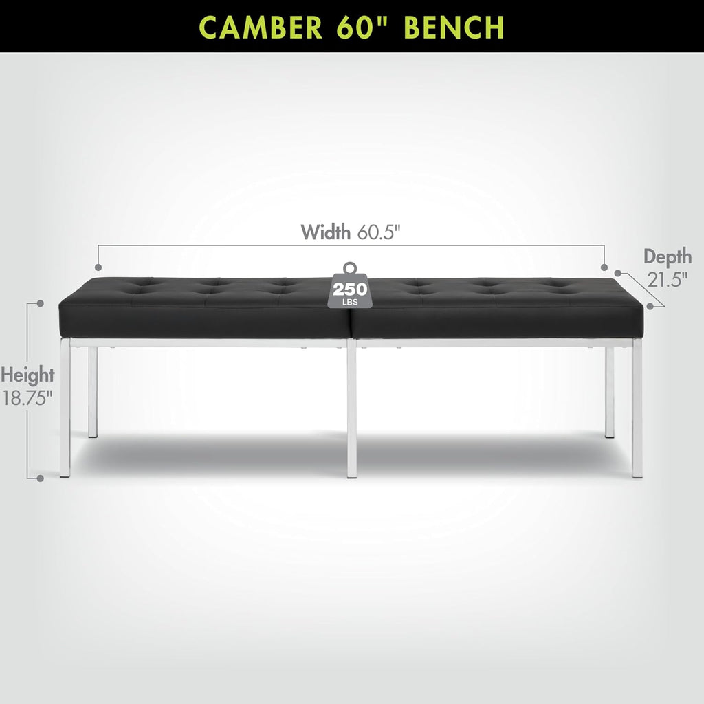 Studio Designs Home Camber Modern Dining Room 60" Legs and Tufted Faux Leather, Entryway or Livingroom Accent Bench, Chrome/Black