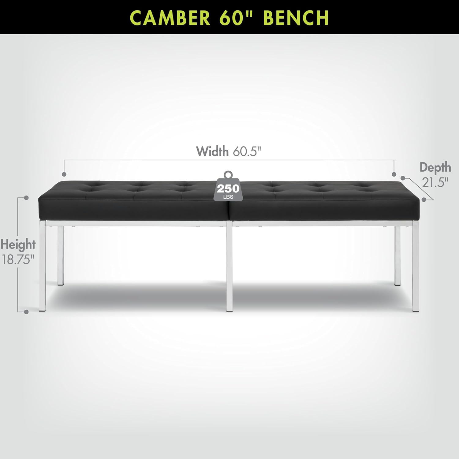 Studio Designs Home Camber Modern Dining Room 60" Legs and Tufted Faux Leather, Entryway or Livingroom Accent Bench, Chrome/Black