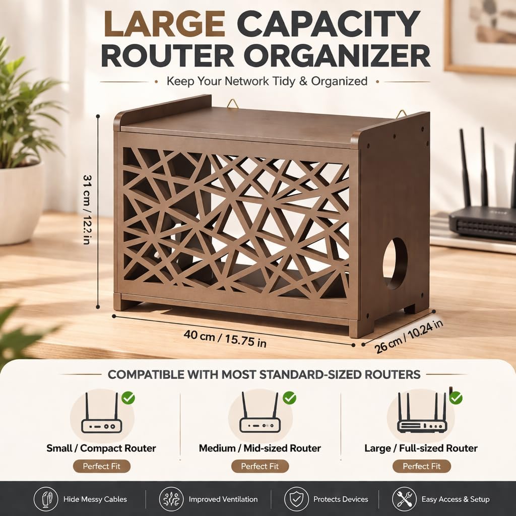 Upgrade Router Box Hider, Large Capacity Projector Shelf Wall Mountable Router Storage Box with Cable Management, Modem & Power Strip Organizer, Assembly Required