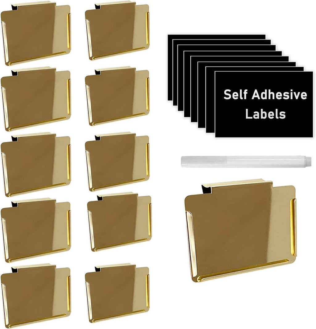 Clip Label Holders,Gold Bin Clips for Kitchen Pantry Organization Holiday Christmas Happy New Year,10 Pcs Clip Holders with 60 Pcs Chalkboard Stickers