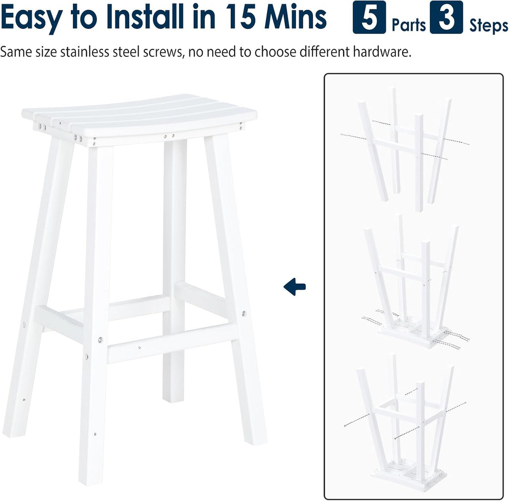 nalone 29 Inch Outdoor Bar Stools Set of 2, HDPE Bar Chairs with Footrest, Weather Resistant Barstools Outside Counter Height Stools for Patio Yard (White, 29'' Barstools Set of 2)