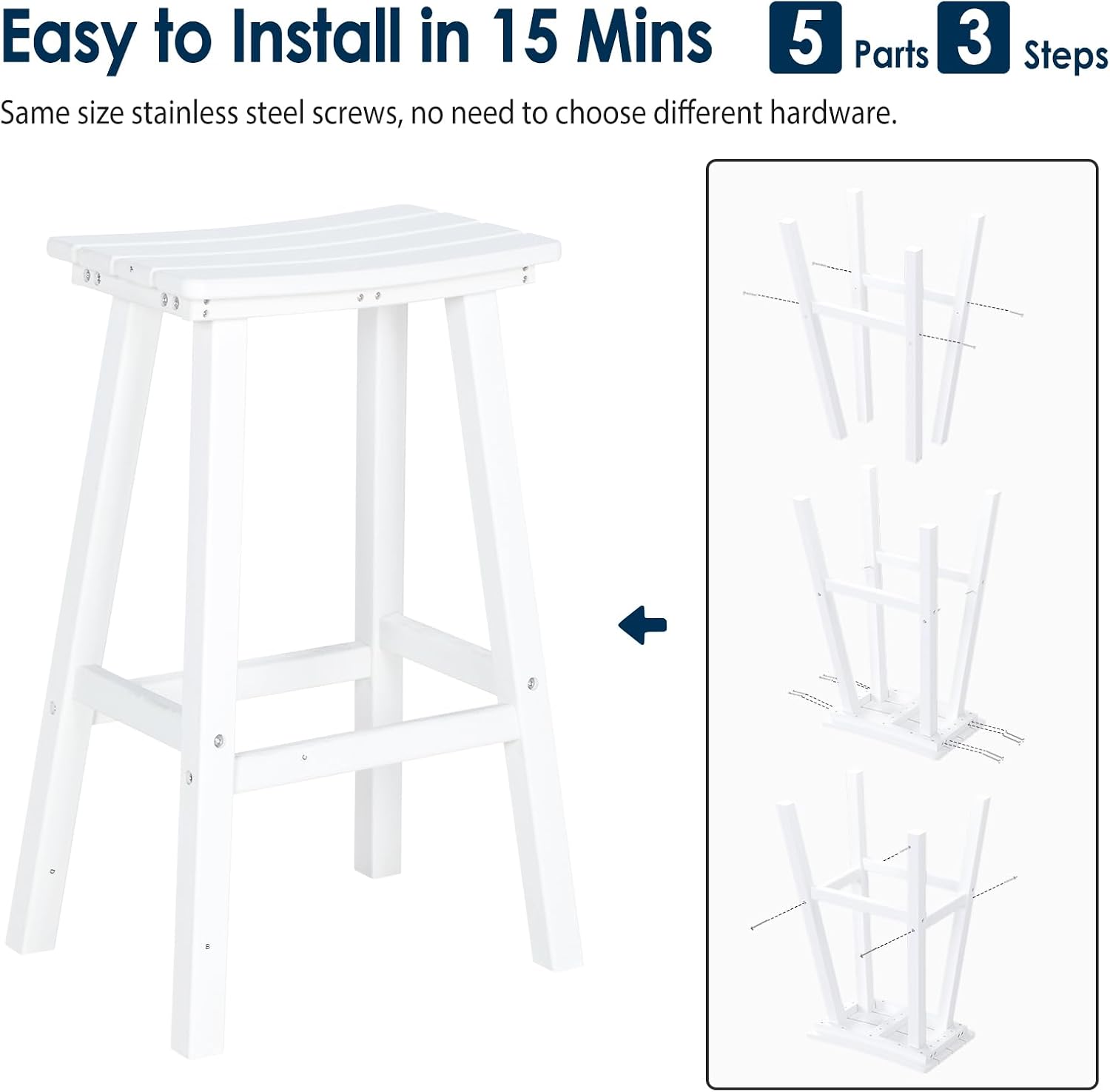 nalone 29 Inch Outdoor Bar Stools Set of 2, HDPE Bar Chairs with Footrest, Weather Resistant Barstools Outside Counter Height Stools for Patio Yard (White, 29'' Barstools Set of 2)