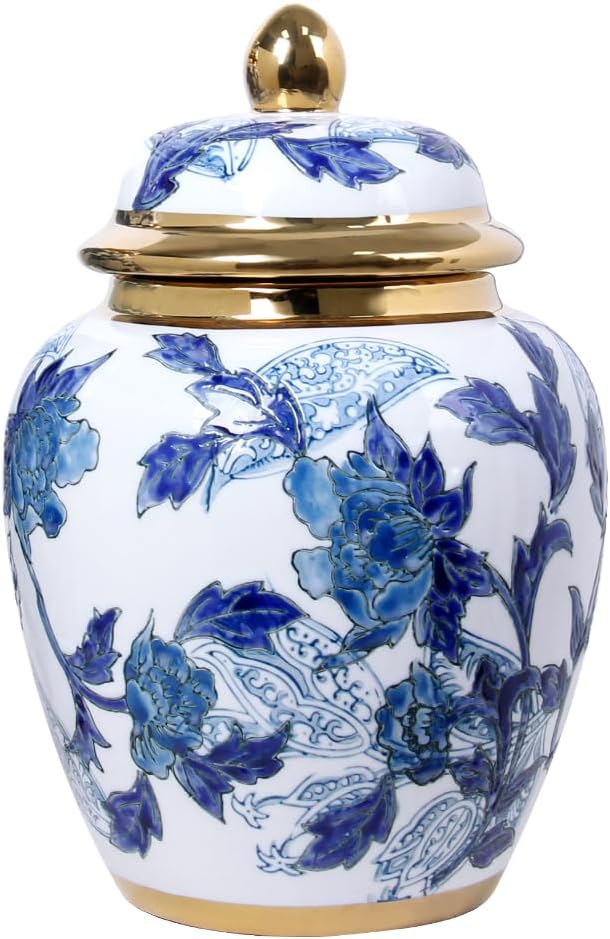 Blue and White Porcelain Vase with Gold Trim - Chinoiserie Style Ginger Jar for Vintage Home Decor, 11 Inches Tall