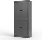 Palace Imports Solid Wood Kitchen Pantry Cabinet - 71.5" H x 32" W - Wooden Storage Cabinet w/ 4 Shaker Doors, 2 Drawers & 4 Adjustable Shelves, Gray, 100% Renewable Eco-Friendly Wood, Made in Brazil