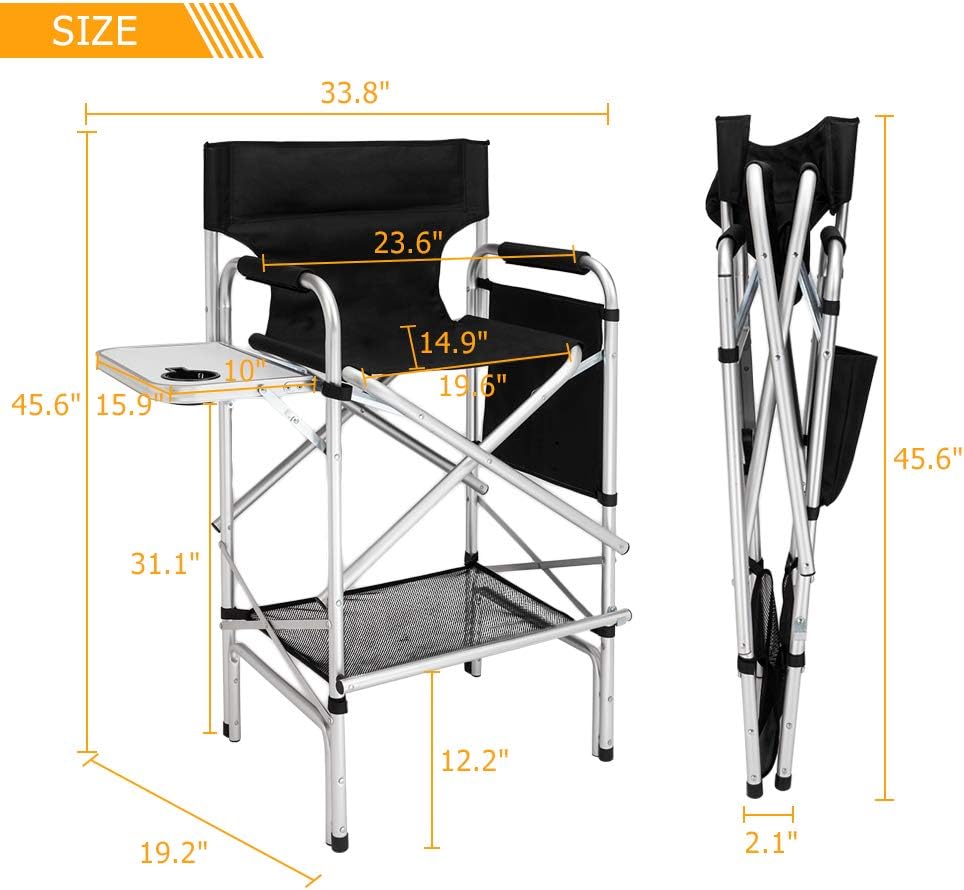 mefeir 31" Tall Folding Directors Chair with Side Table Storage Bag,Portable Makeup Artist Bar Height, Aluminum Frame 300 lbs Capacity, 19.2" D x 23.6" W x 45.6" H