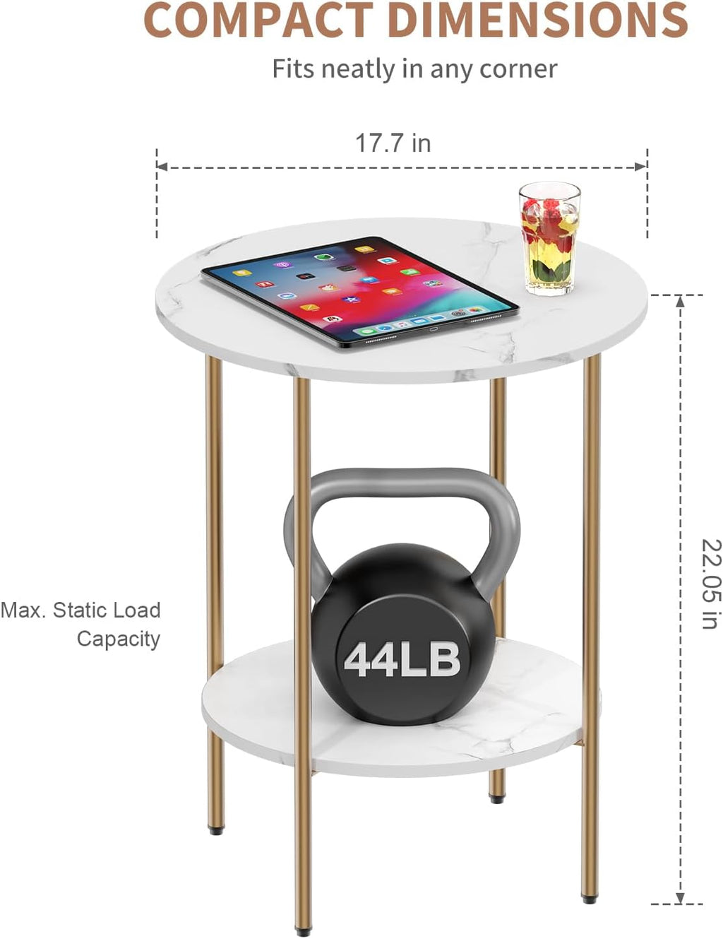 Side Table, Round End Table with 2 Storage Shelves, Compact Living Room Accent Table, Space-Saving Small Bedside Table, 18x18x22in, Marble White