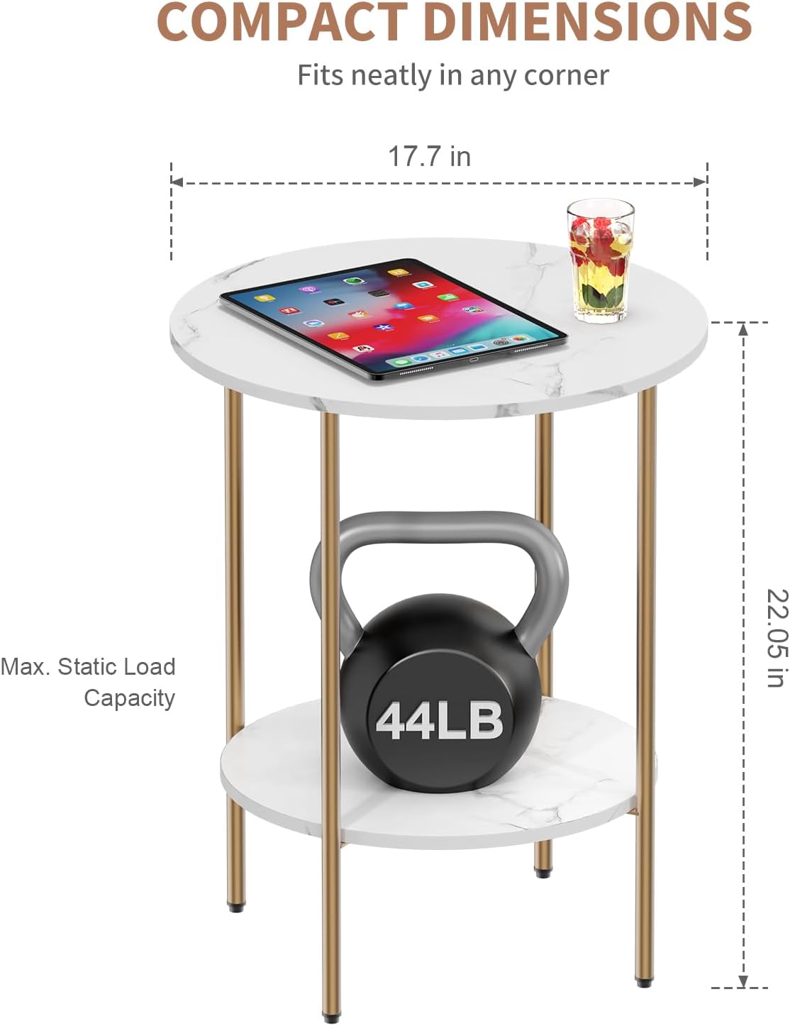 Side Table, Round End Table with 2 Storage Shelves, Compact Living Room Accent Table, Space-Saving Small Bedside Table, 18x18x22in, Marble White